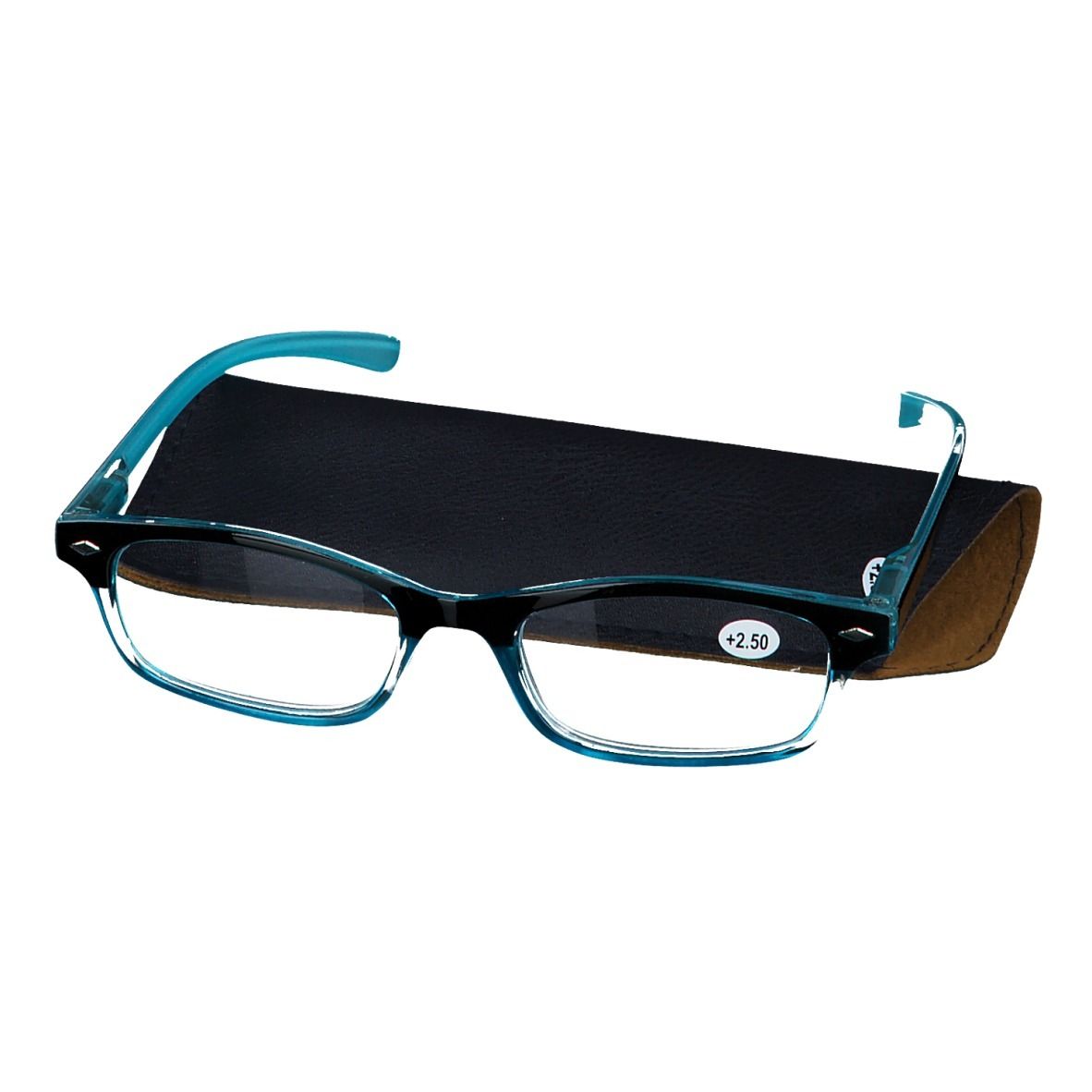 Lunettes bleues avec étui noir. La lentille indique +2.50. Monture noire et bleue.