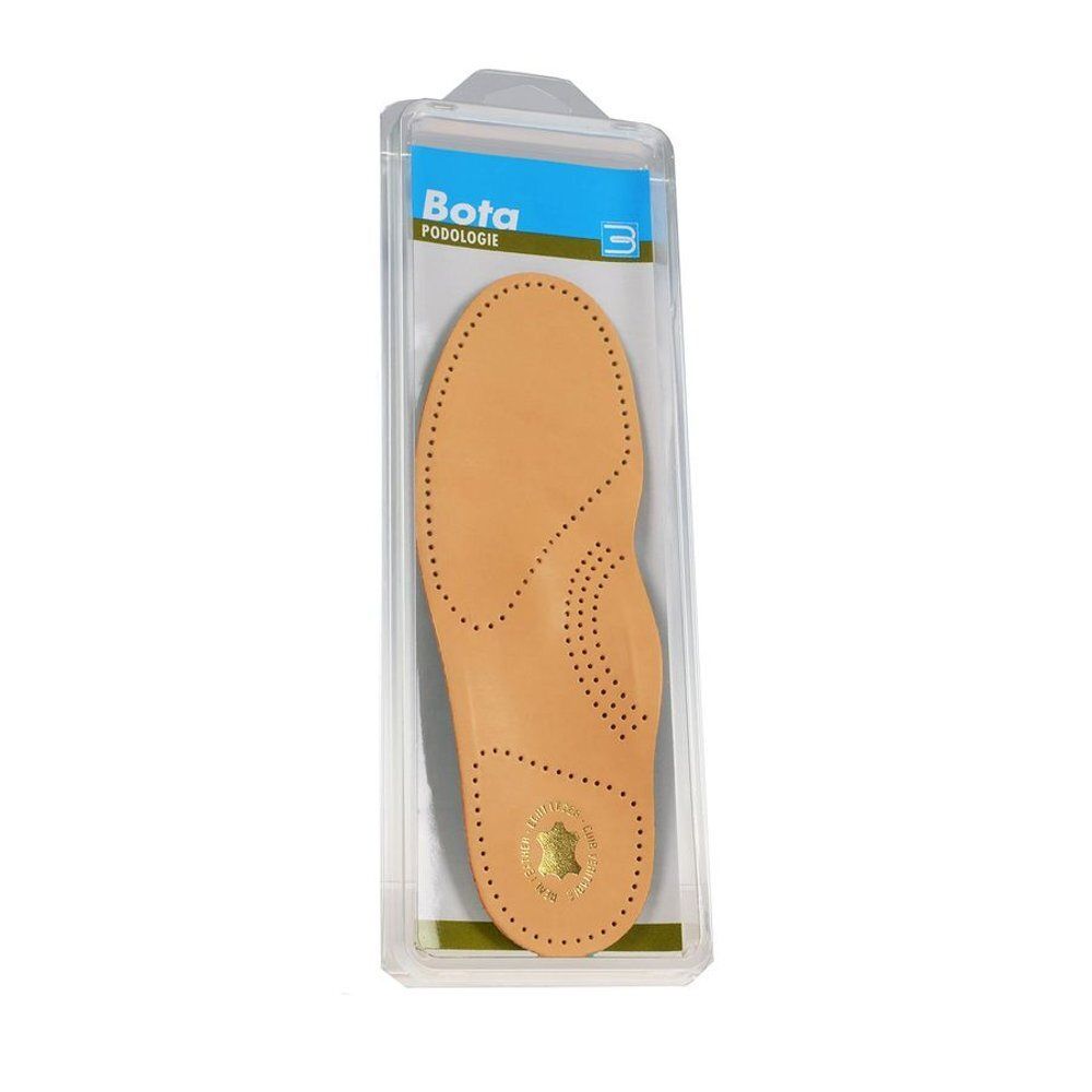 Semelle intérieure dans un emballage transparent. Cuir beige. Logo Bota Podologie visible.