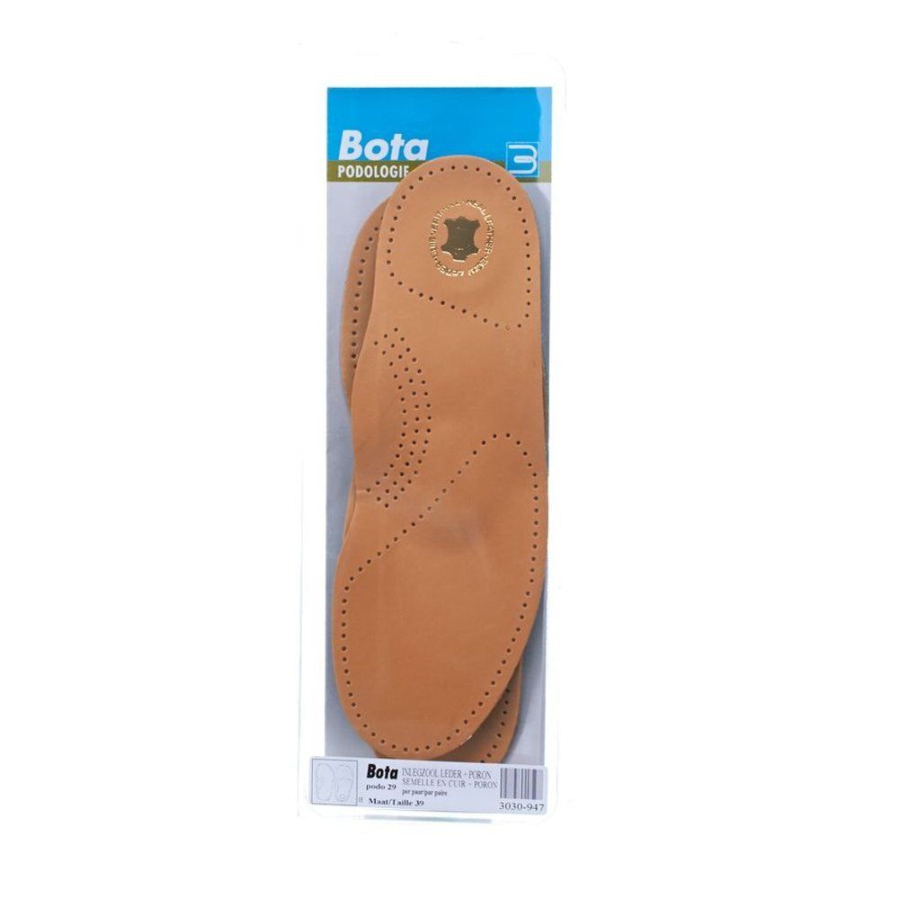 Emballage contenant deux semelles intérieures en cuir marron. L'emballage affiche la marque Bota et des informations sur le produit.