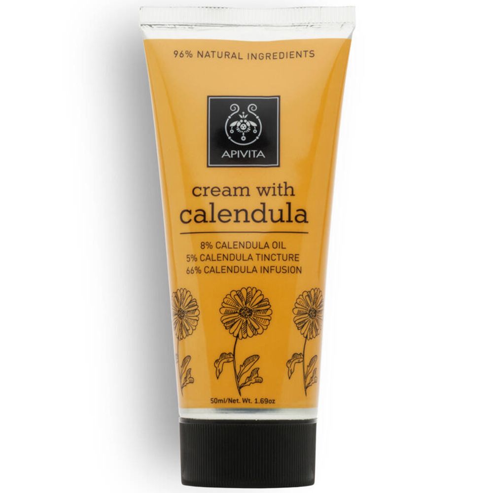 Tube de crème 'cream with calendula'. Contient 8% d'huile de calendula, 5% de teinture de calendula et 66% d'infusion de calendula.