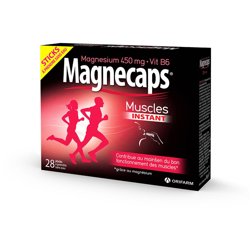 Boîte Magnecaps, 28 sticks. Contient Magnésium 450 mg + Vit B6. Illustration de coureurs. Texte: Spieren Instant.