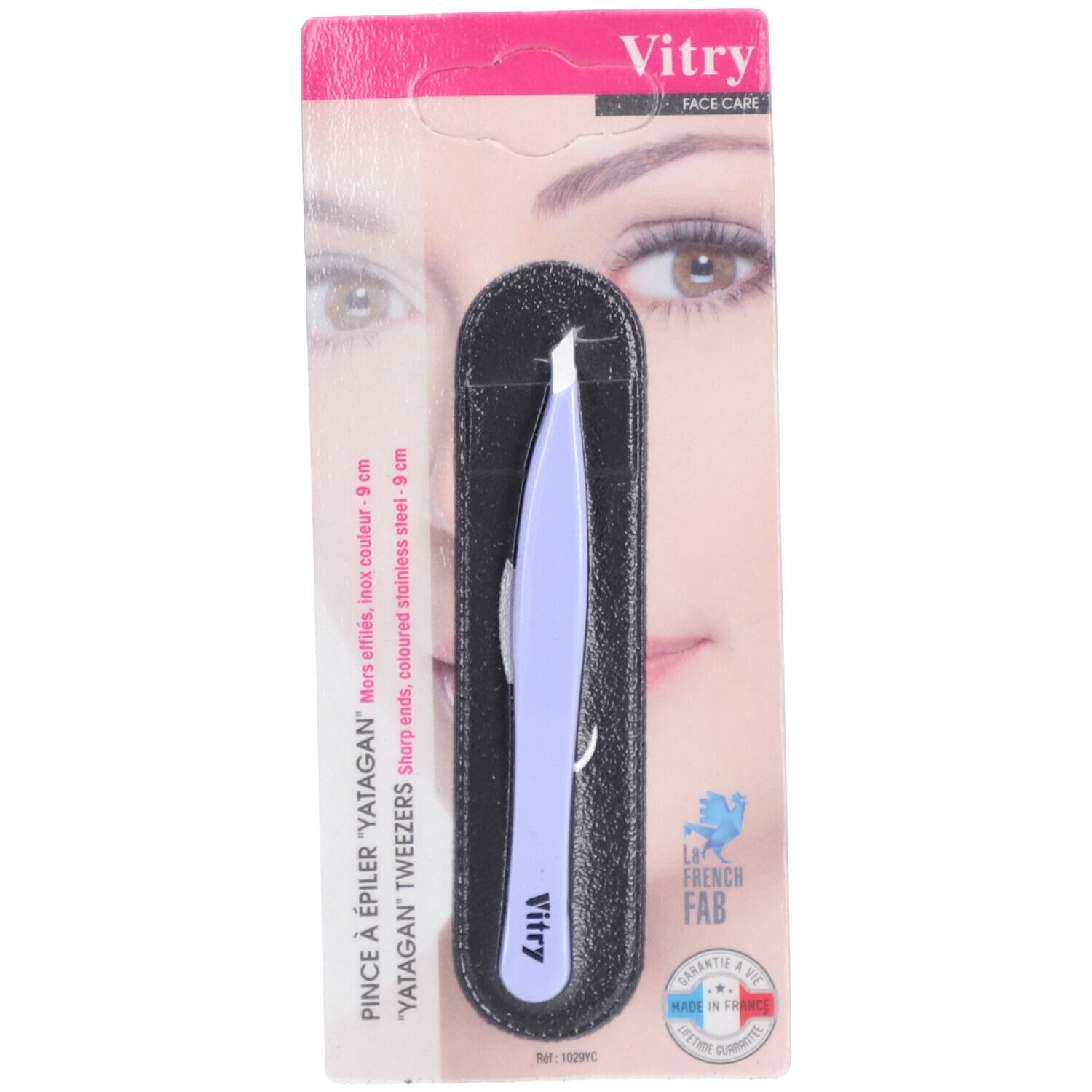 Pince à épiler Yatagan, couleur violette, dans un étui noir. Marque Vitry Face Care. Emballage avec visage.