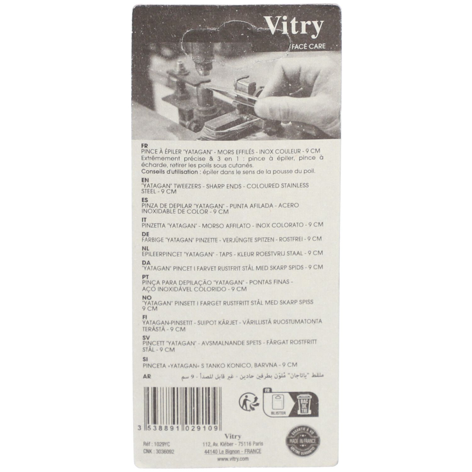 Dos de l'emballage. Texte multilingue. Marque Vitry Face Care. Nom du produit: Pince à épiler Yatagan.