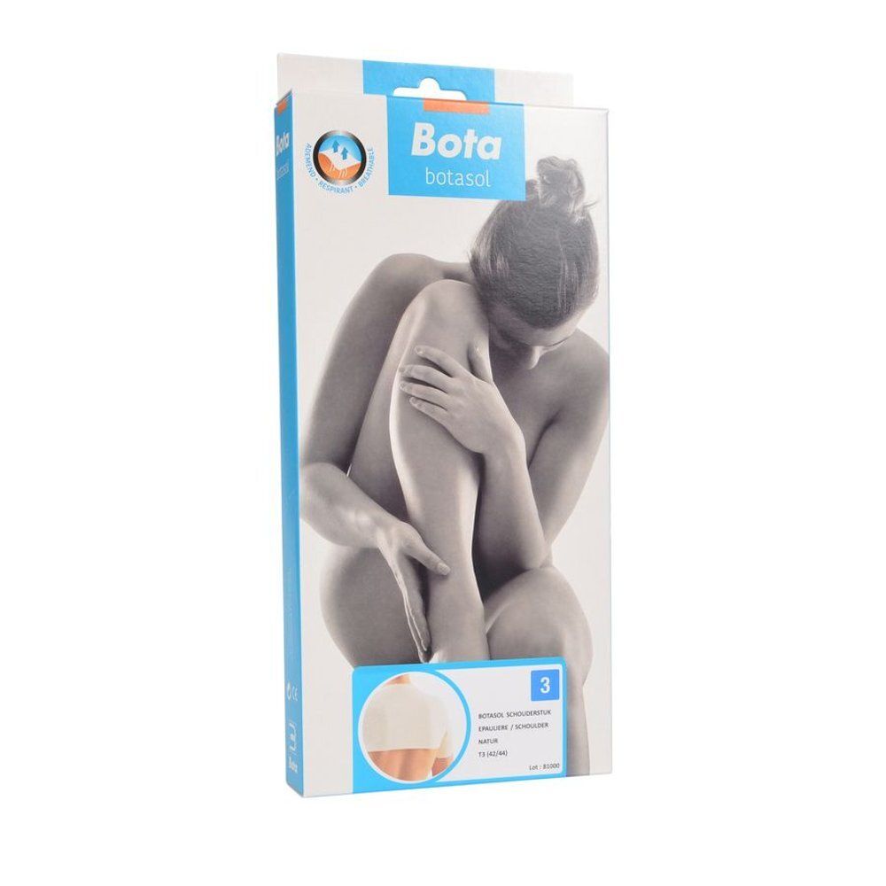 Emballage de Botasol Épaulière Manche Natur Taille 3. Image d'une personne. Illustration du produit en bas à droite.