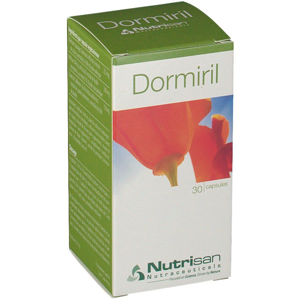 Boîte de gélules Dormiril. Inscription Dormiril et Nutrisan. 30 gélules. Fond avec fleur rouge.