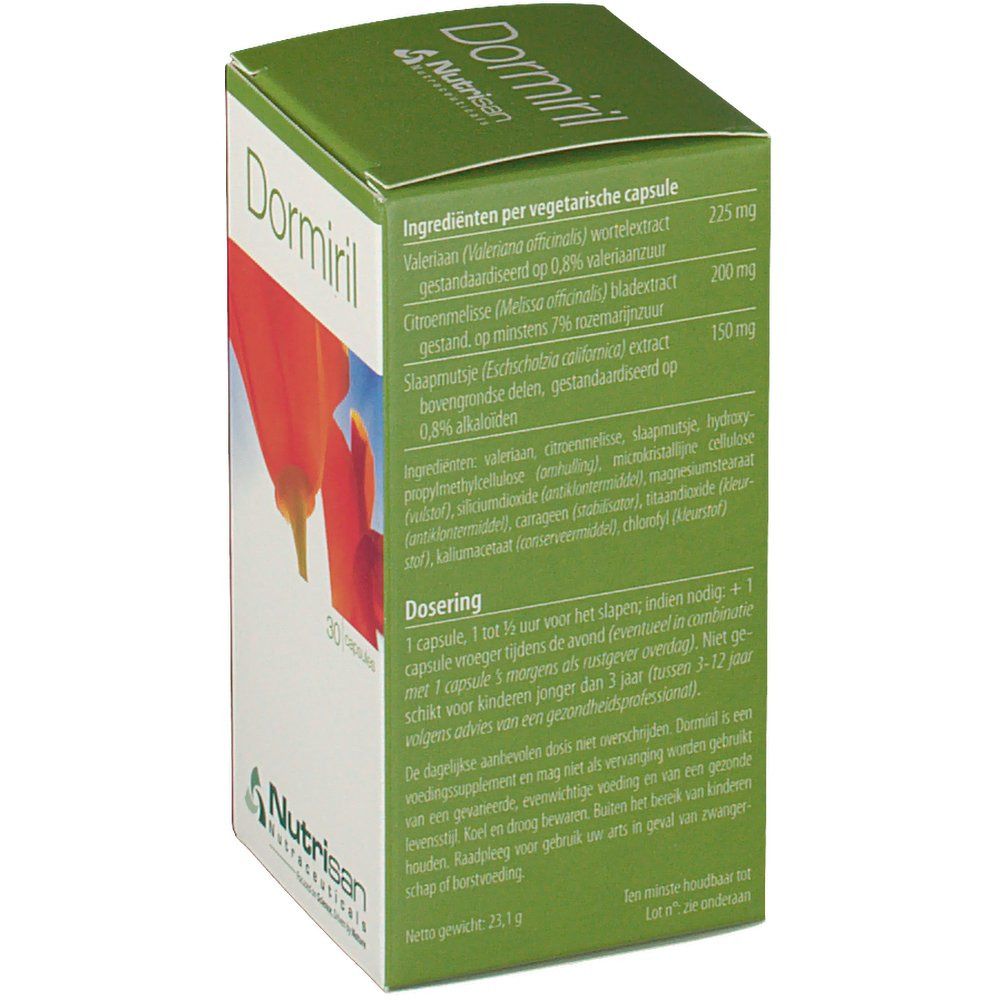 Dos de la boîte Dormiril. Liste des ingrédients, dosage et autres informations. Marque Nutrisan.