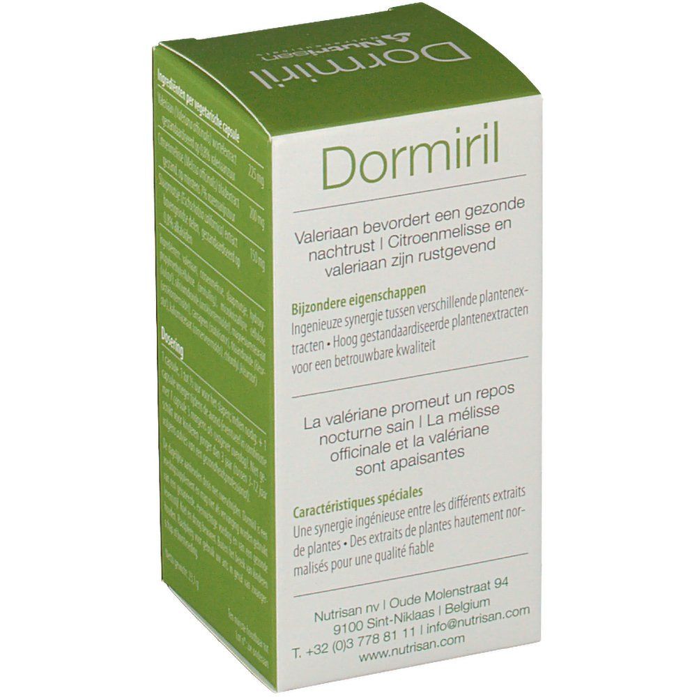Côté de la boîte Dormiril. Texte sur les ingrédients et les propriétés. Marque Nutrisan.