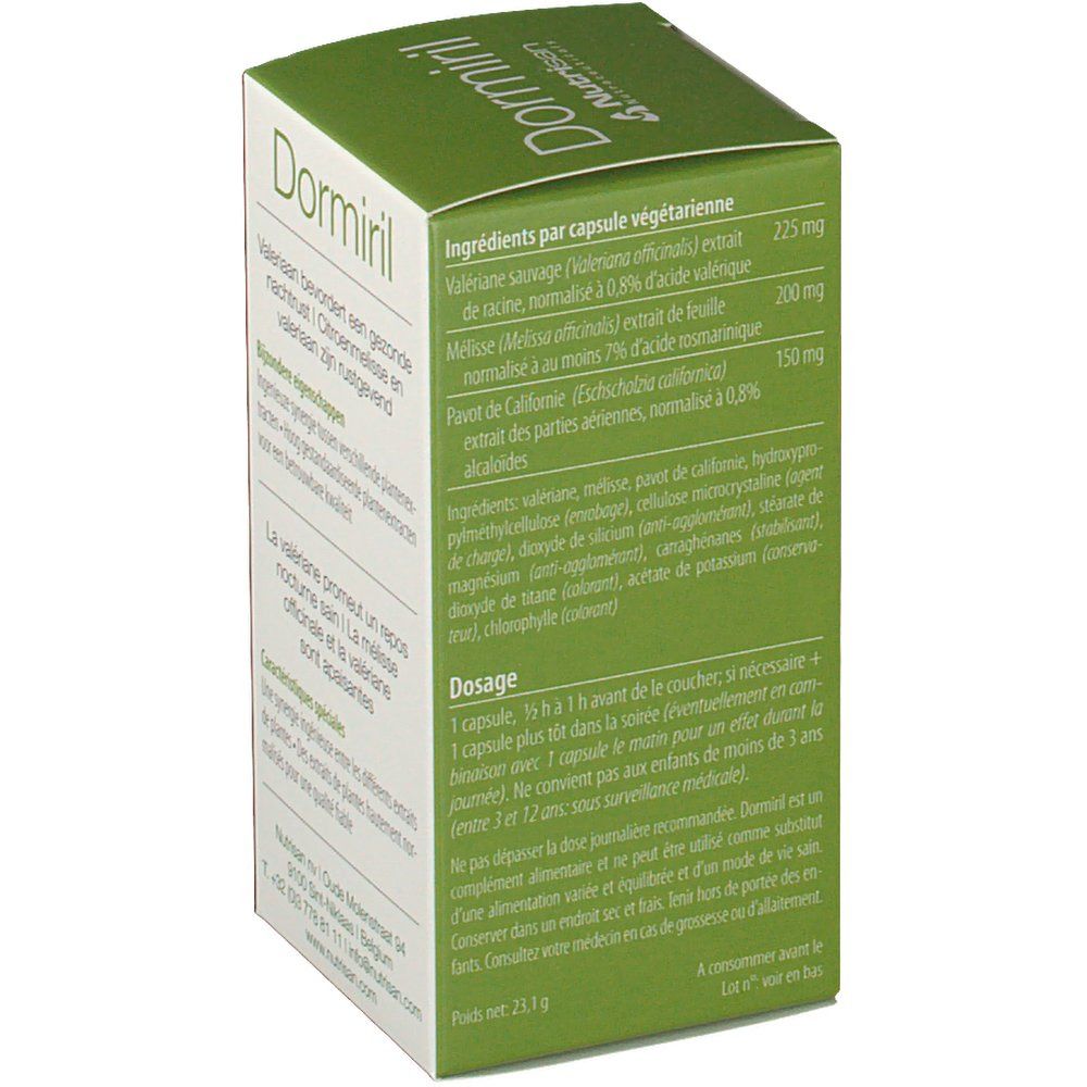 Côté de la boîte Dormiril. Liste des ingrédients, dosage et autres informations. Marque Nutrisan.