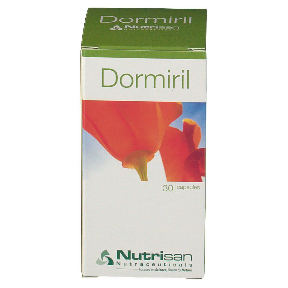 Boîte Dormiril avec 30 gélules. Inscription Dormiril et Nutrisan. Fond avec fleur rouge.