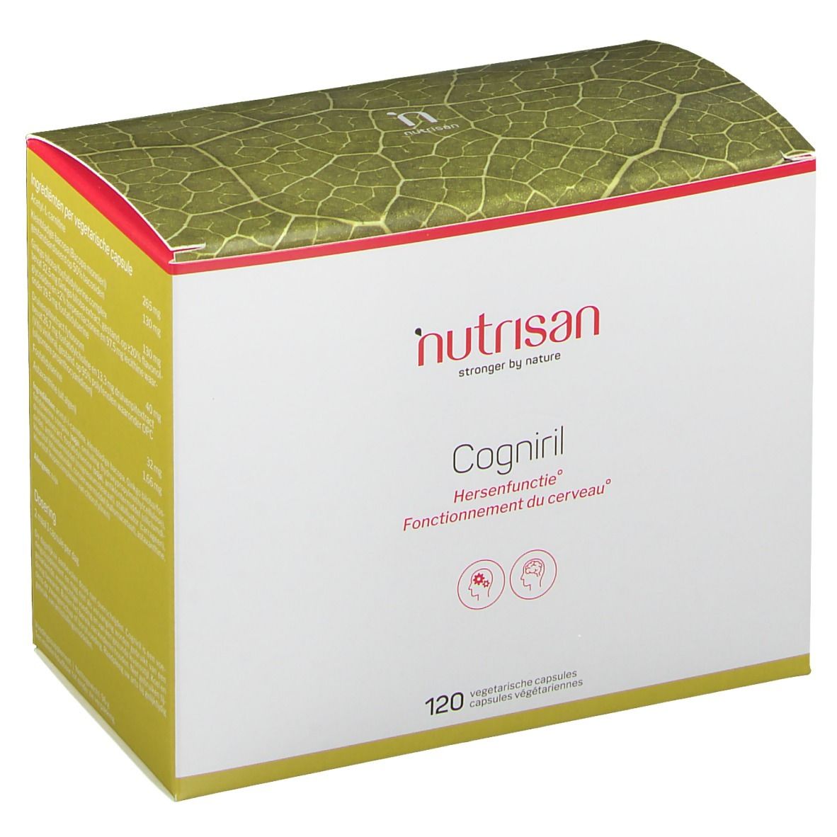 Boîte Nutrisan Cogniril. Blanche, texte rouge et vert. Contient 120 capsules. Inscription: Hersenfunctie, Fonctionnement du cerveau.