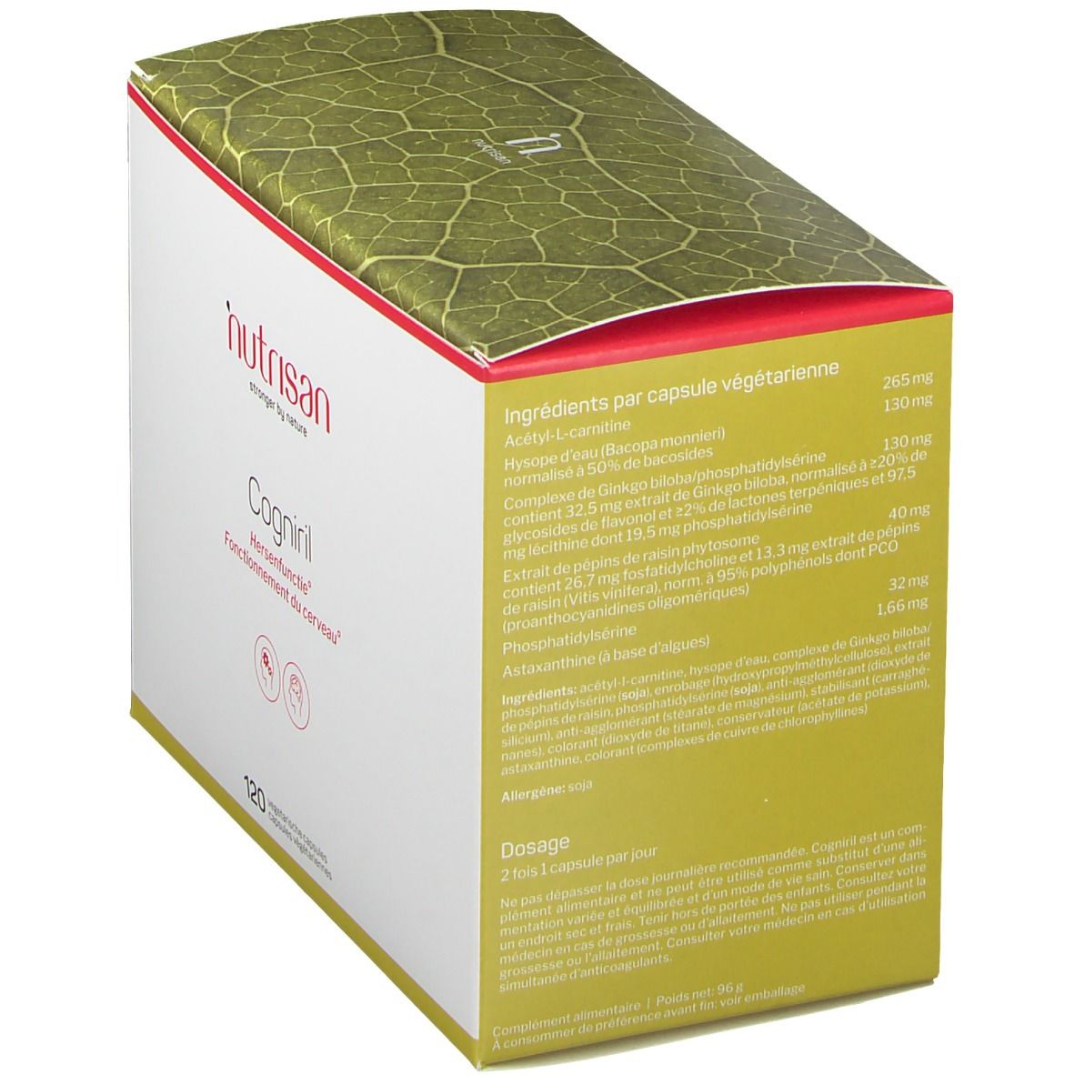 Boîte Nutrisan Cogniril, dos avec ingrédients. Texte blanc sur fond jaune. Contient les ingrédients par capsule.