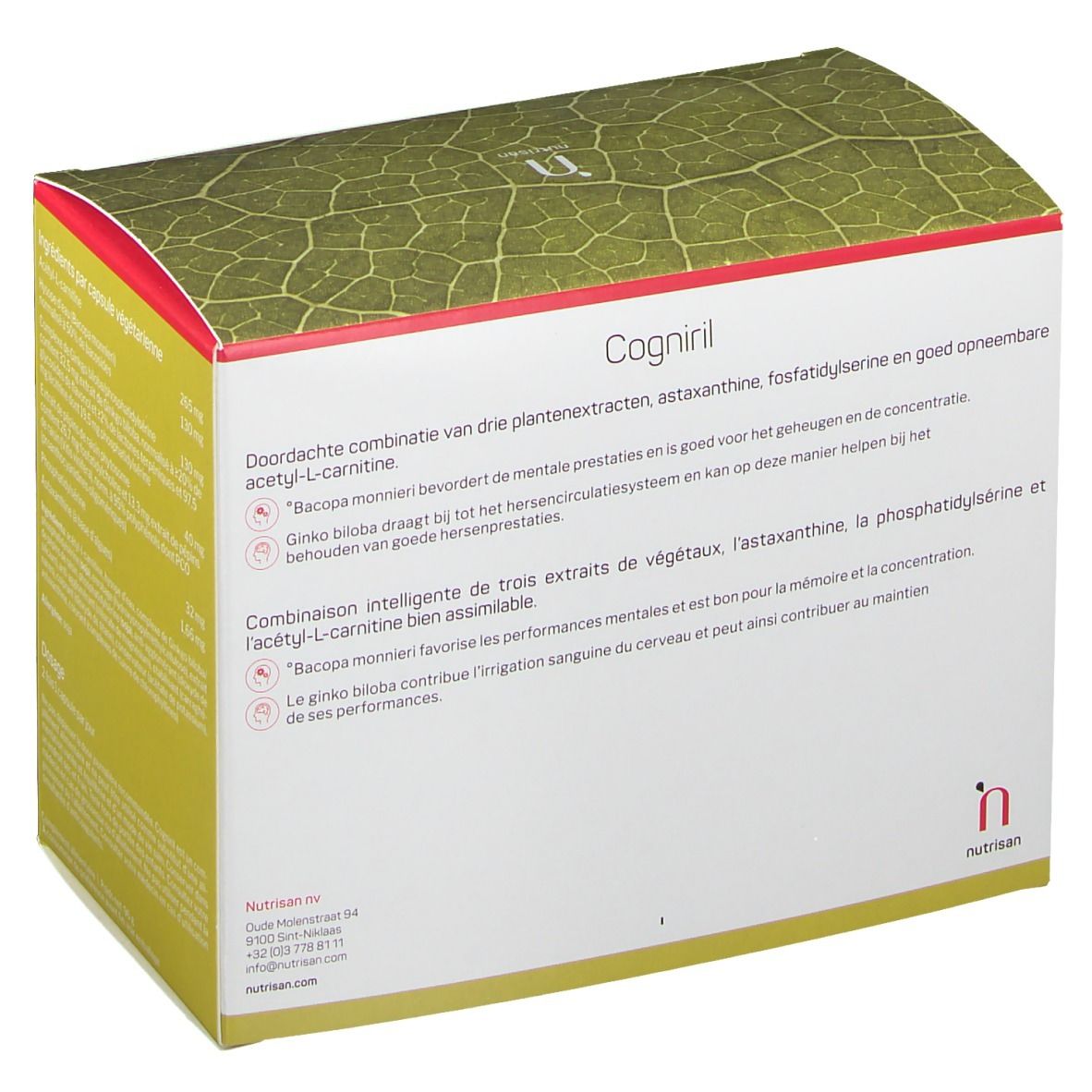 Boîte Nutrisan Cogniril. Texte en néerlandais et français. Contient des informations sur les ingrédients et le dosage.