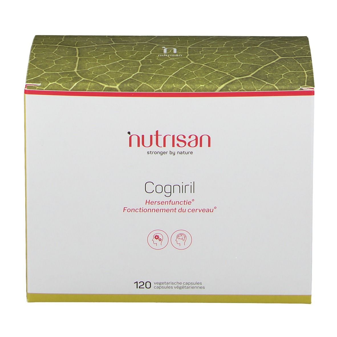 Boîte Nutrisan Cogniril. Blanche, texte rouge et vert. Contient 120 capsules. Inscription: Hersenfunctie, Fonctionnement du cerveau.