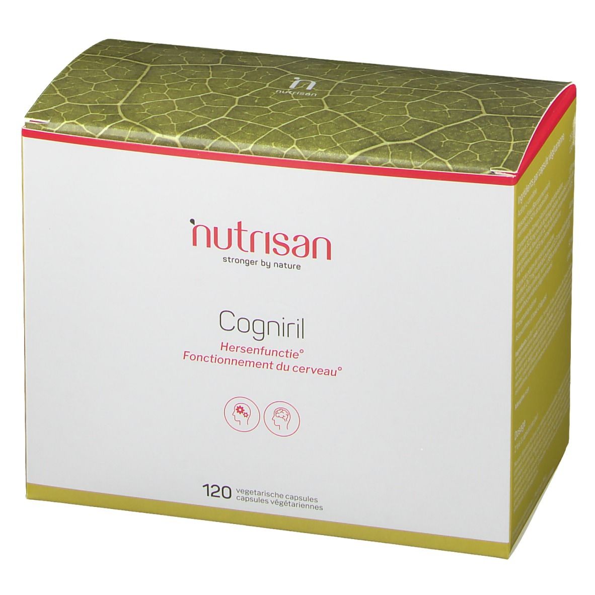 Boîte Nutrisan Cogniril. Blanche, texte rouge et vert. Contient 120 capsules. Inscription: Hersenfunctie, Fonctionnement du cerveau.