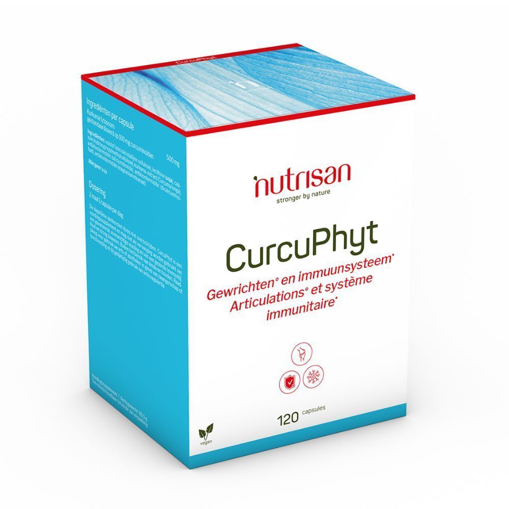 Boîte Nutrisan CurcuPhyt, 120 capsules, articulations et système immunitaire. Logo vegan. Bleu et blanc.