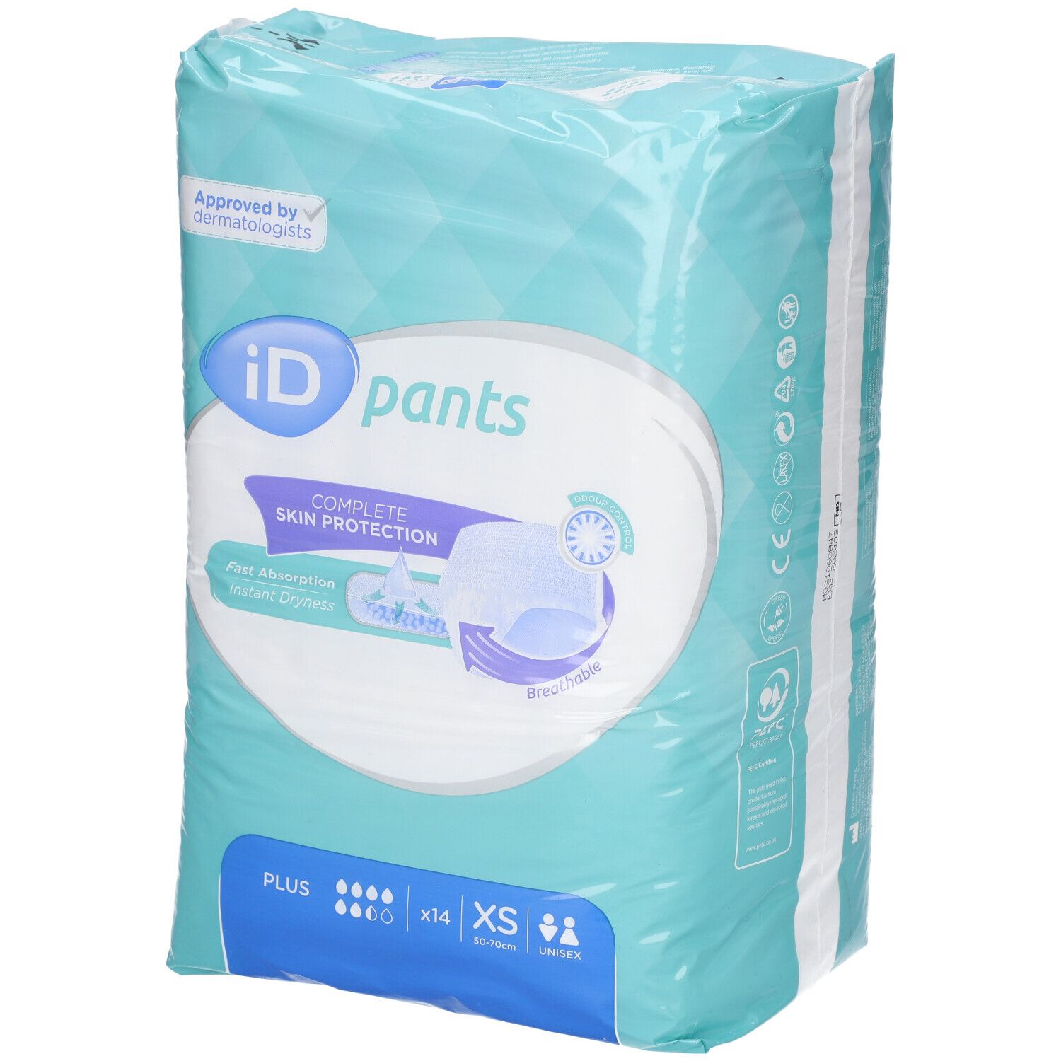 Emballage iD Pants Plus Gr. XS. Film bleu clair avec image et texte du produit. Certification "Approved by Dermatologists".