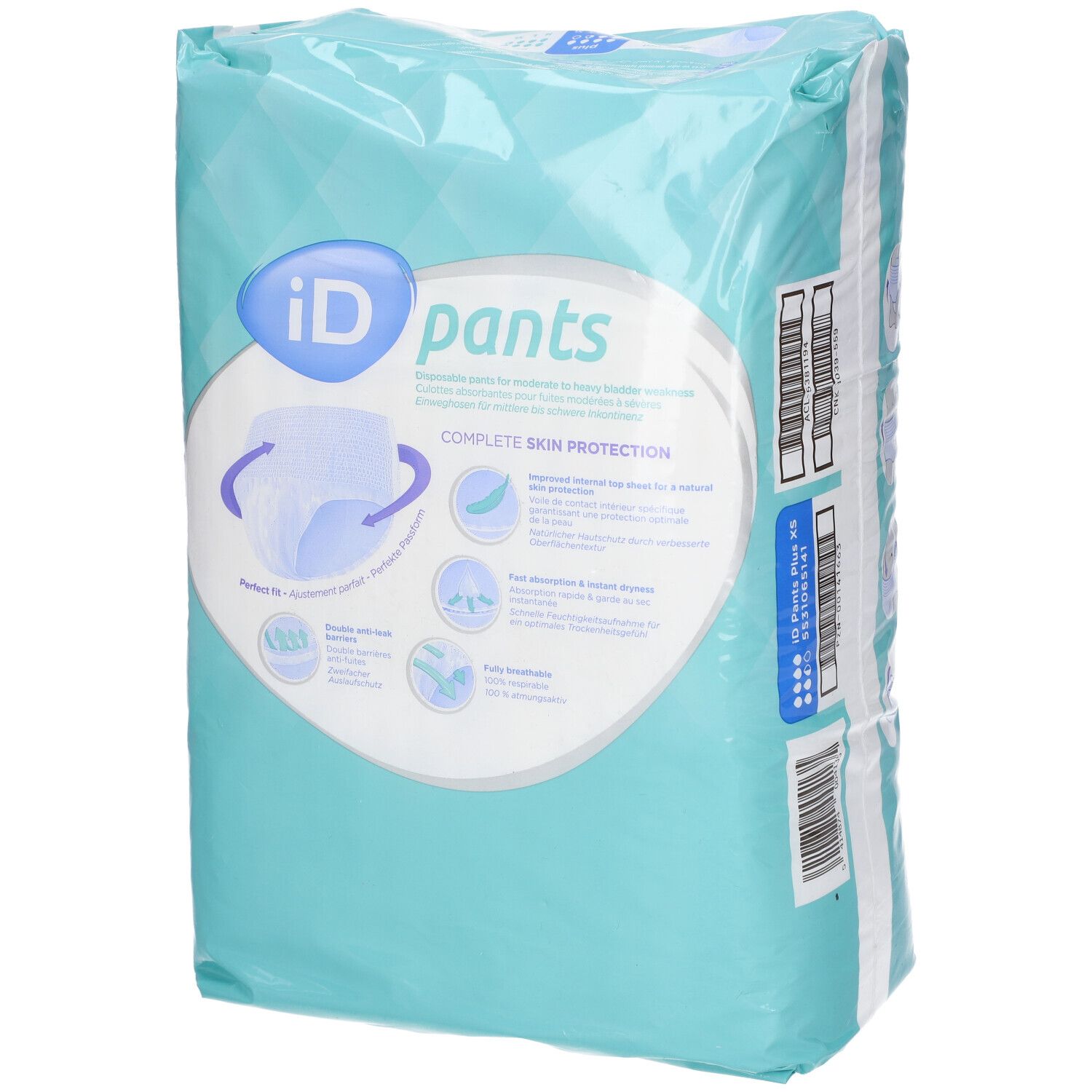 Emballage iD Pants Plus Gr. XS. Film bleu clair avec image et texte du produit. Caractéristiques et certifications.