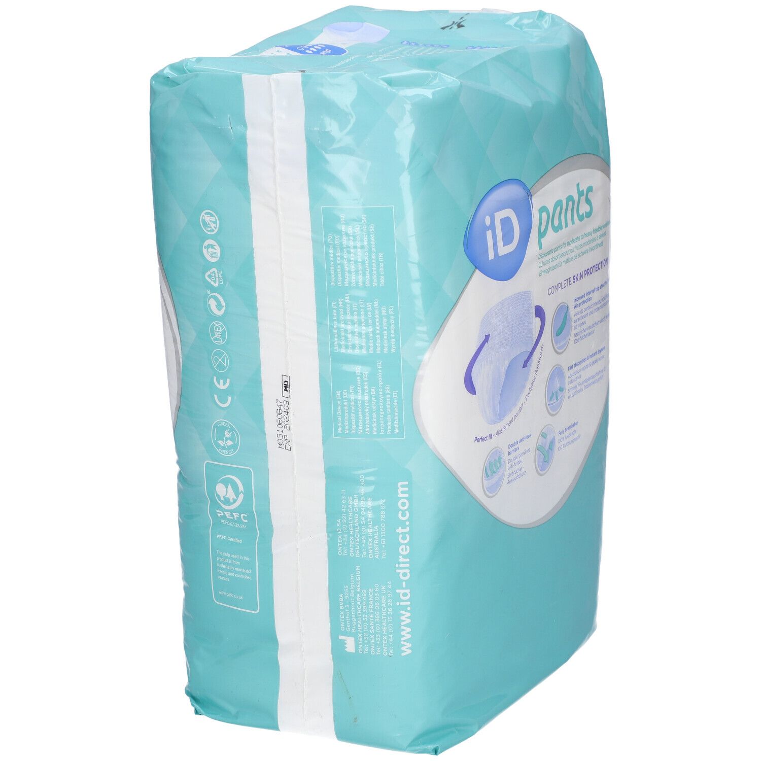 Emballage iD Pants Plus Gr. XS. Vue latérale. Film bleu clair avec image et texte du produit. Adresse du site web.