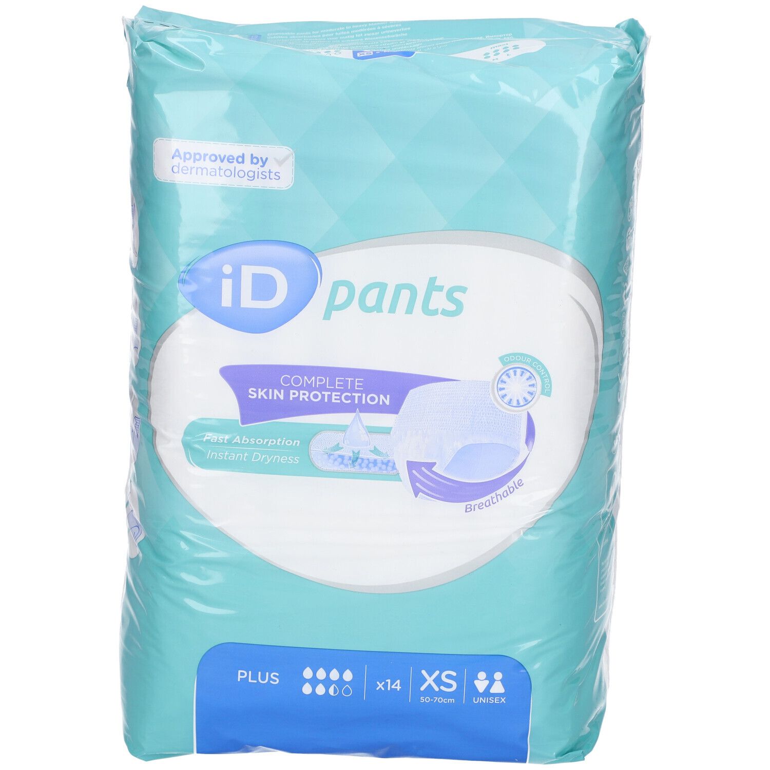 Emballage iD Pants Plus Gr. XS. Film bleu clair avec image et texte du produit. Certification "Approved by Dermatologists".