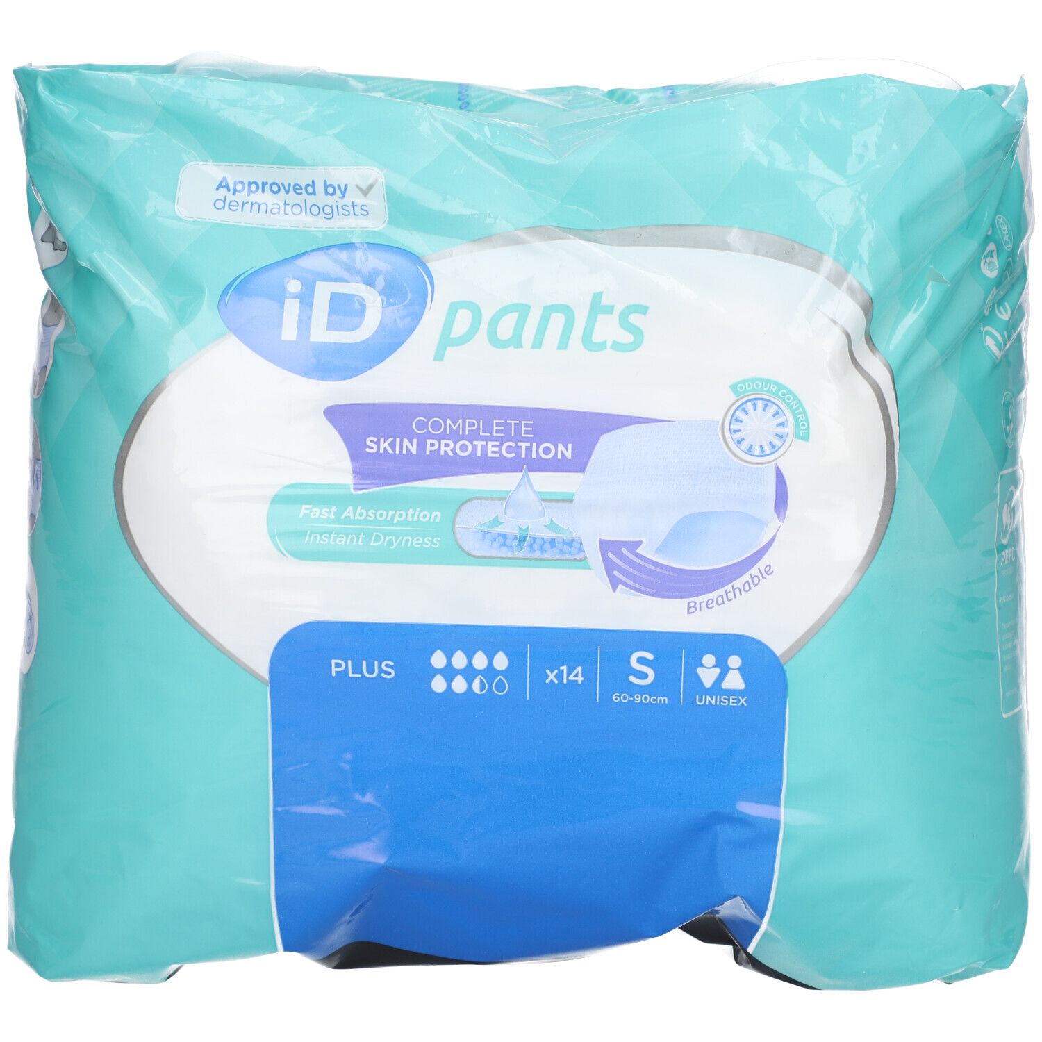 iD pants, emballage. Emballage bleu avec inscription : iD pants, S, Plus, testé dermatologiquement. Contient 14 pièces. Taille : 60-90cm.