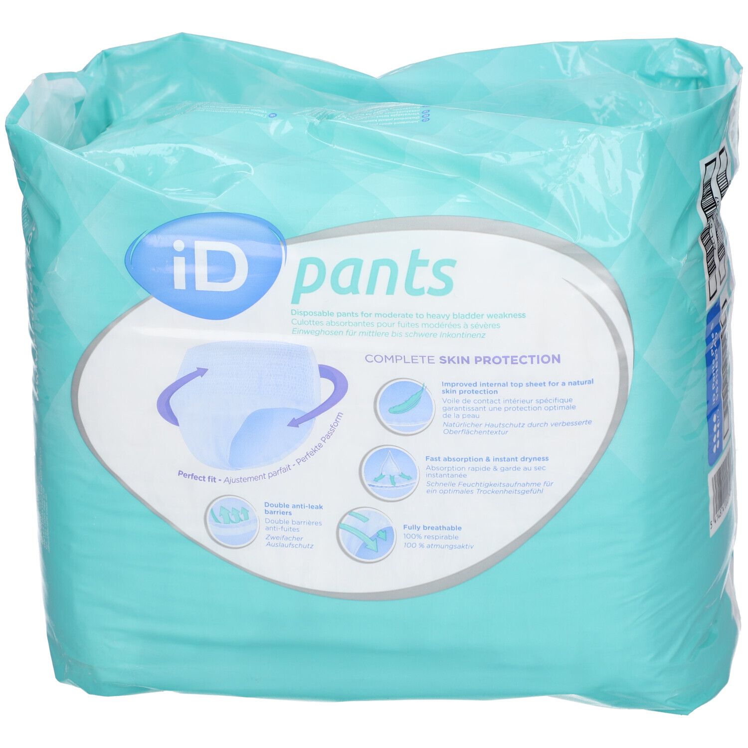 iD pants, emballage. Emballage bleu avec inscription : iD pants, Complete Skin Protection. Caractéristiques : respirant, sec, double barrière anti-fuites.