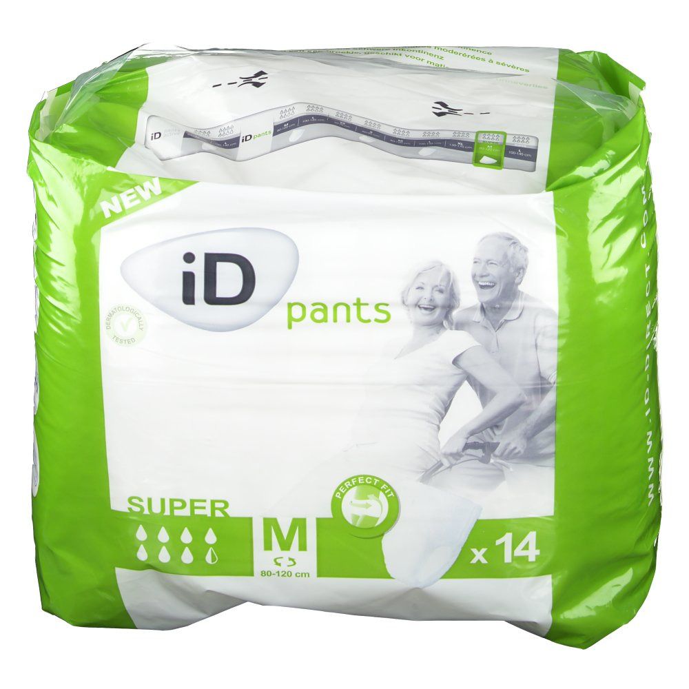Paquet iD Pants Super M. Emballage vert et blanc avec illustration et pictogrammes. Contient 14 unités. Taille M.