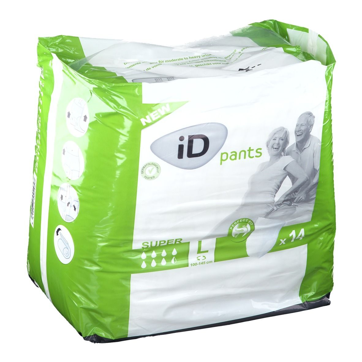 Paquet de iD pants Super L. Emballage plastique vert et blanc avec logo et illustration. Taille L, 14 unités.
