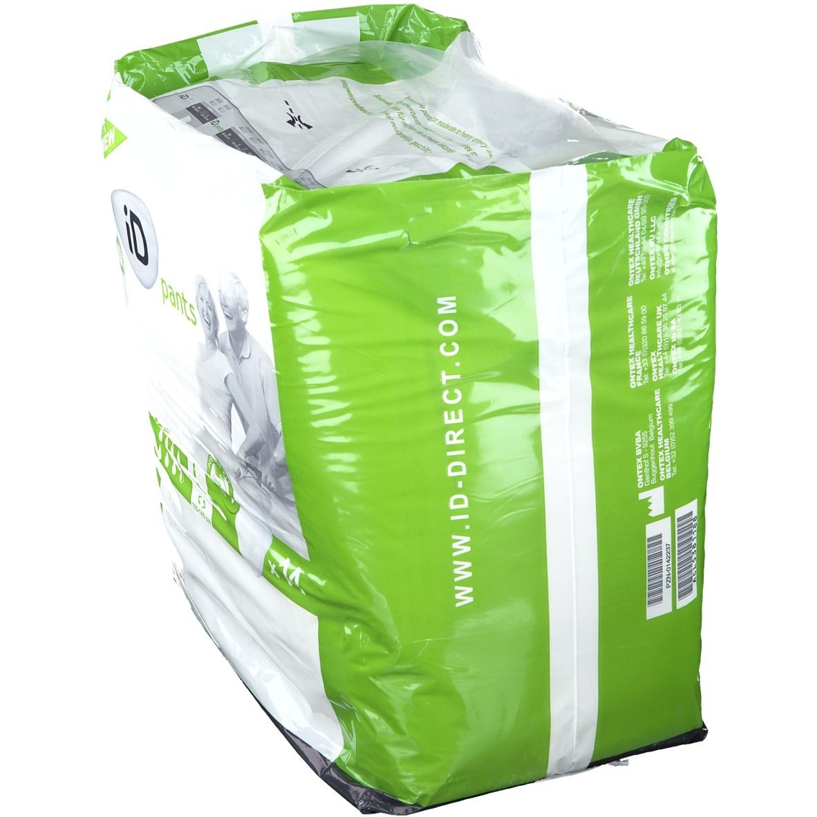 Emballage iD pants Super L. Emballage plastique vert et blanc. Logo, nom du produit et adresse du site web. Taille L.