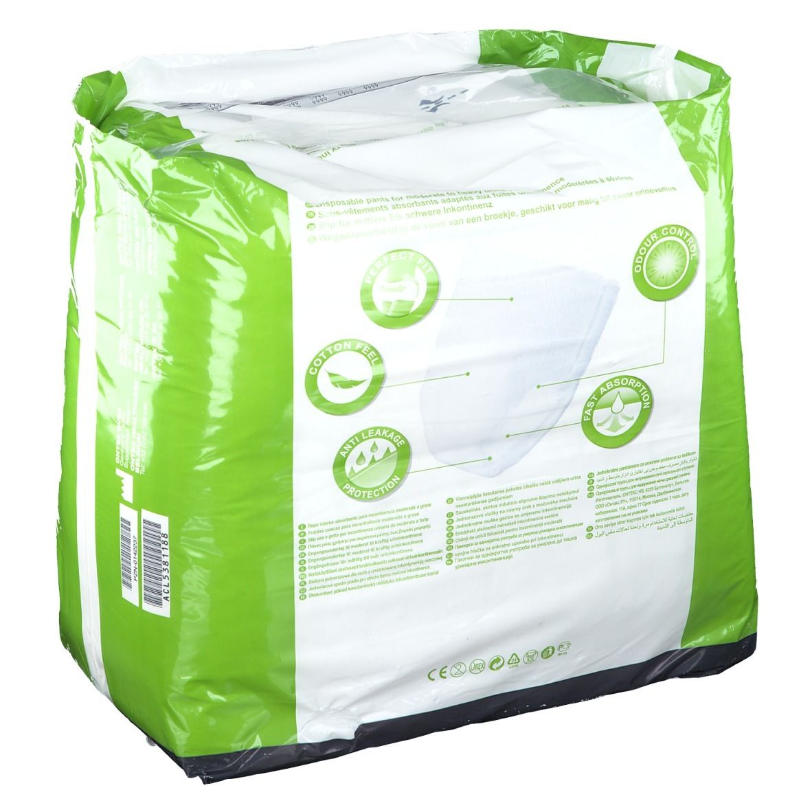 Emballage iD pants Super L. Emballage plastique vert et blanc. Dos avec informations et symboles. Marquage CE.