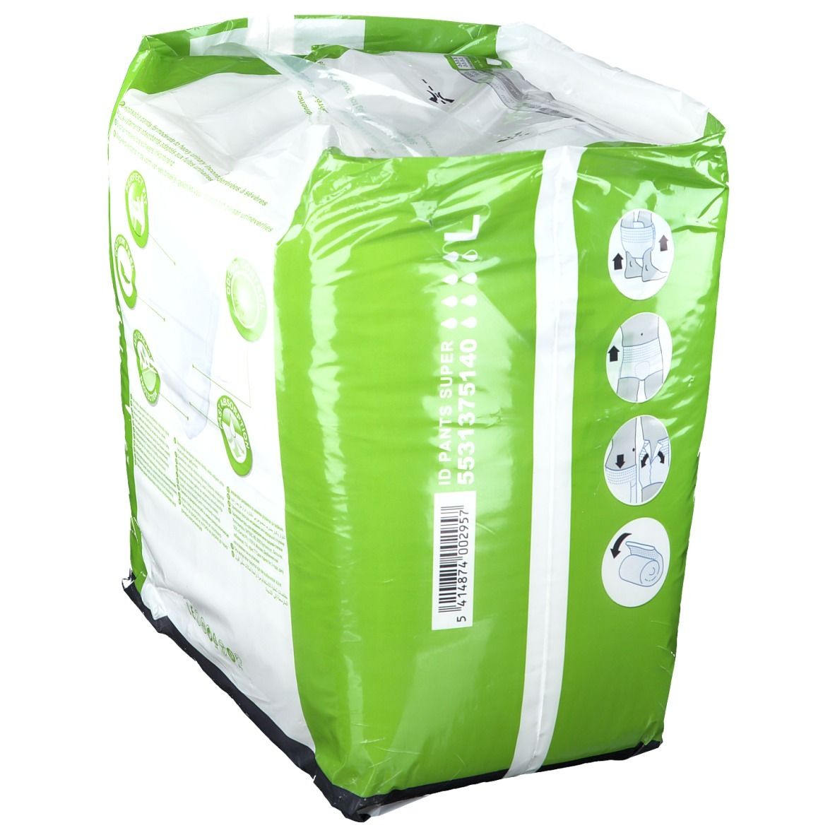Emballage iD pants Super L. Emballage plastique vert et blanc. Dos avec informations et code-barres. Taille XL.