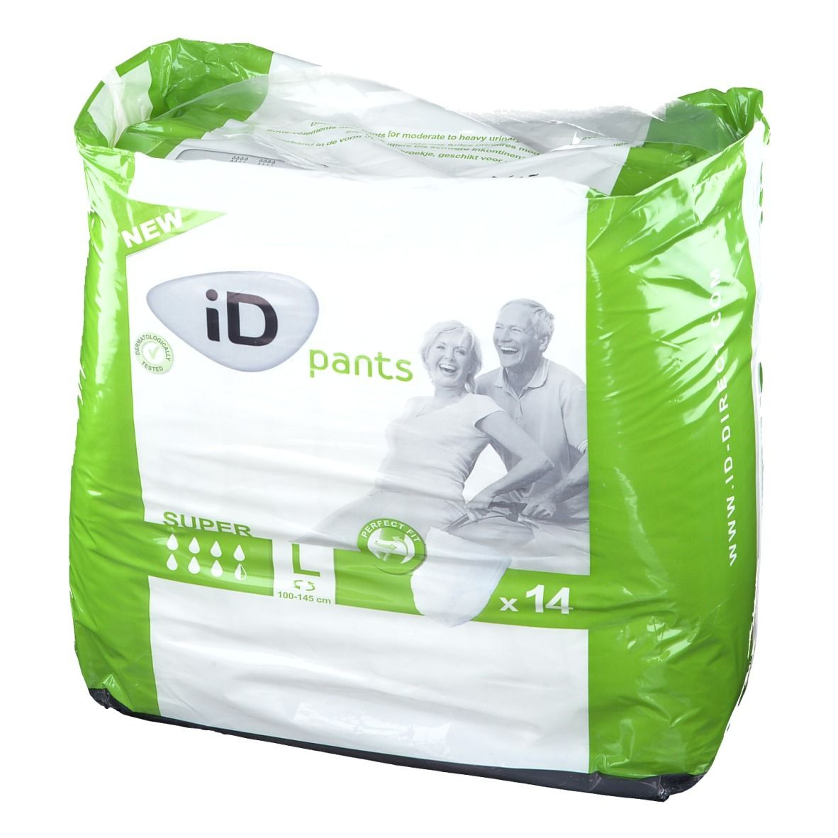 Paquet de iD pants Super L. Emballage plastique vert et blanc avec logo et illustration. Taille L, 14 unités.