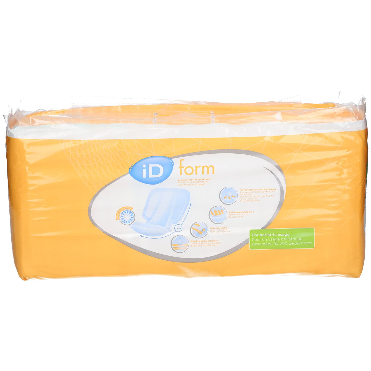 Emballage jaune avec logo "iD form". Nom du produit et caractéristiques. Serviettes d'incontinence emballées individuellement.