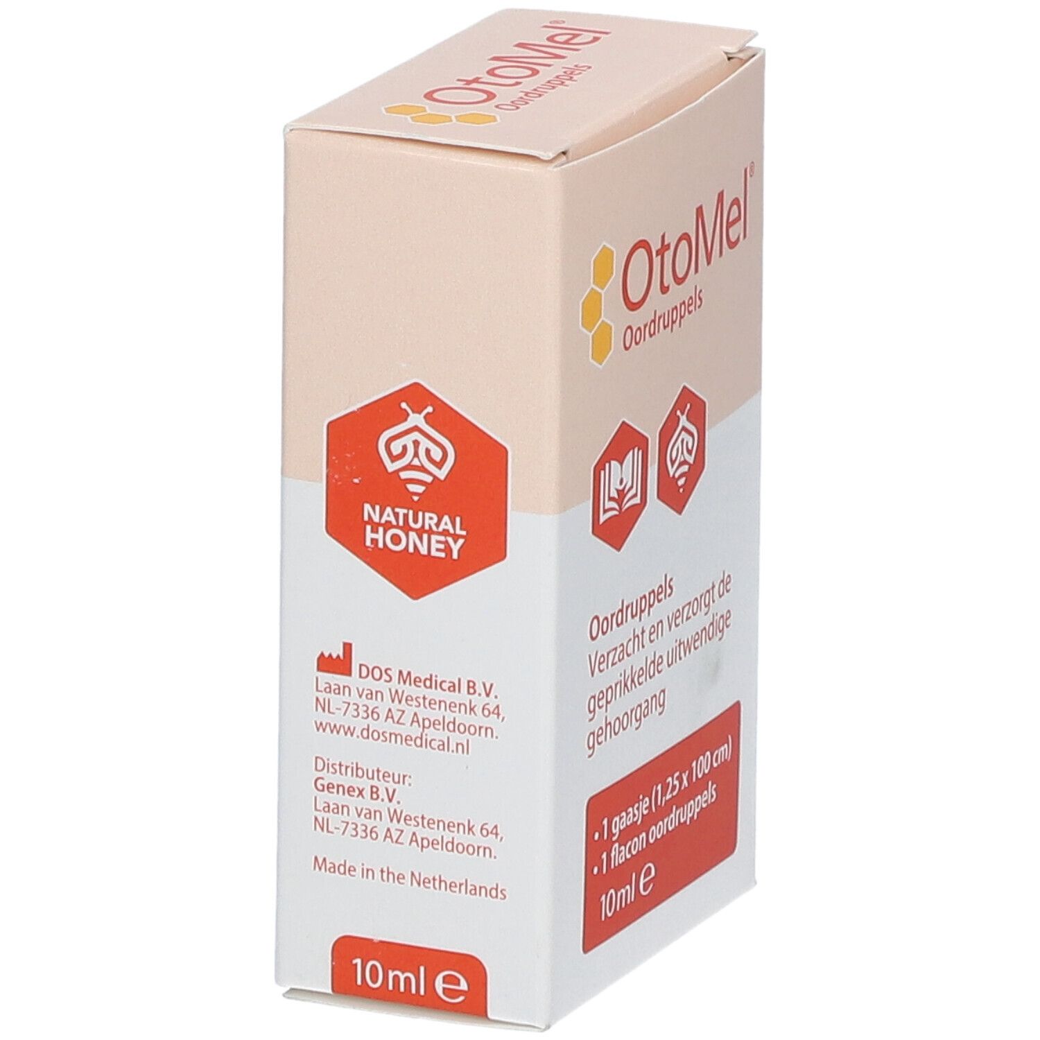 Boîte OtoMel Oordruppels. Inscription: Natural Honey. Contient 1 flacon Oordruppels. Informations fabricant et 10ml e.
