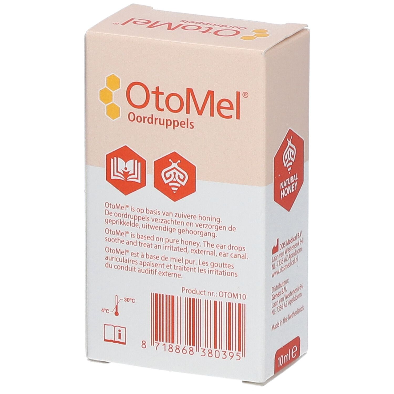 Boîte OtoMel Oordruppels. Inscription: Natural Honey. Contient 1 flacon Oordruppels. Numéro de produit OTOM10. Informations fabricant et 10ml e.