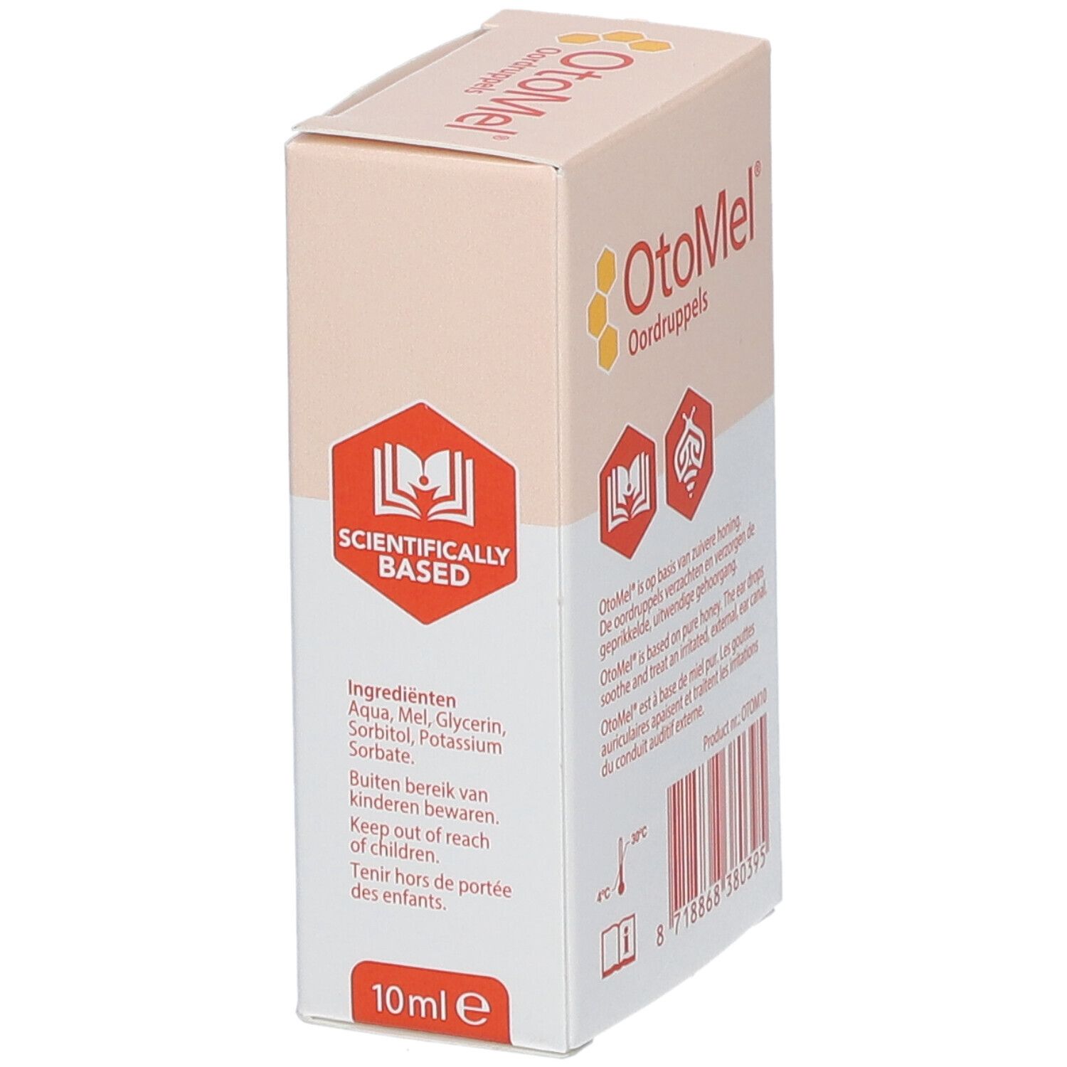 Boîte OtoMel Oordruppels. Inscription: Scientifically Based. Contient 1 flacon Oordruppels. Ingrédients et 10ml e.