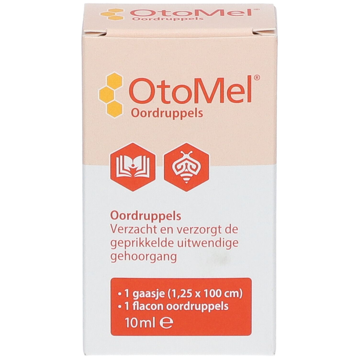 Boîte OtoMel Oordruppels. Contient 1 gaze, 1 flacon Oordruppels. Inscription: Verzacht en verzorgt de geprikkelde uitwendige gehoorgang.