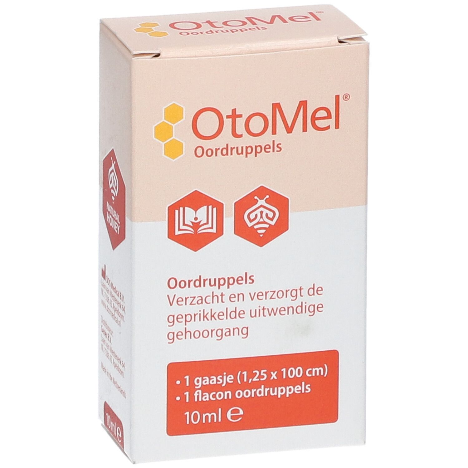 Boîte OtoMel Oordruppels. Inscription: Natural Honey. Contient 1 gaze, 1 flacon Oordruppels. 10ml e.