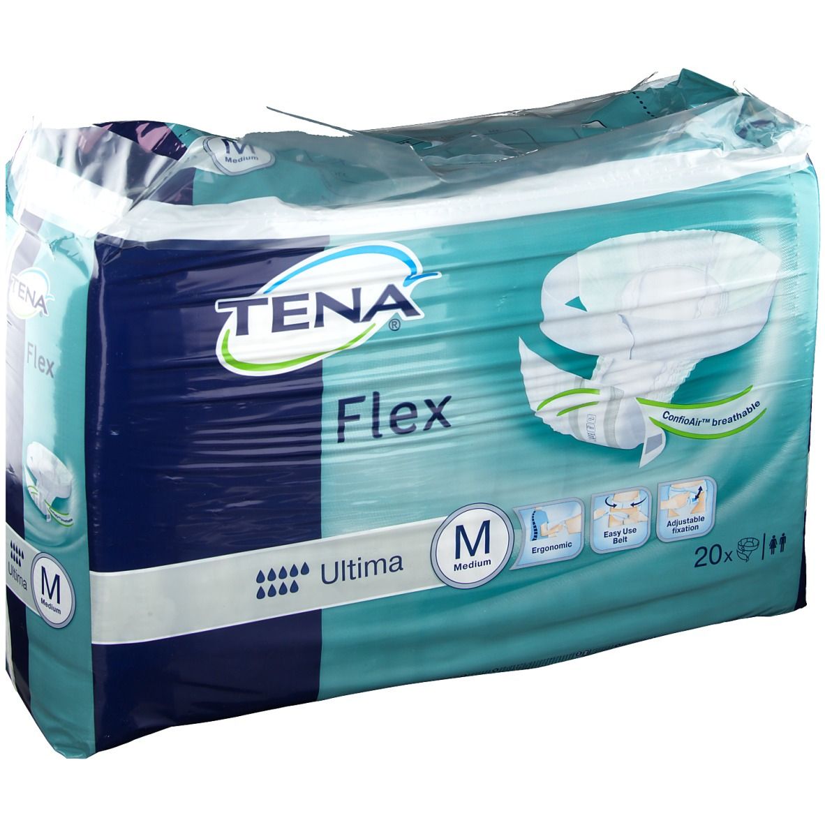 Paquet de Tena Flex Ultima Medium. Marque et nom du produit visibles. Taille M. Contient 20 unités.