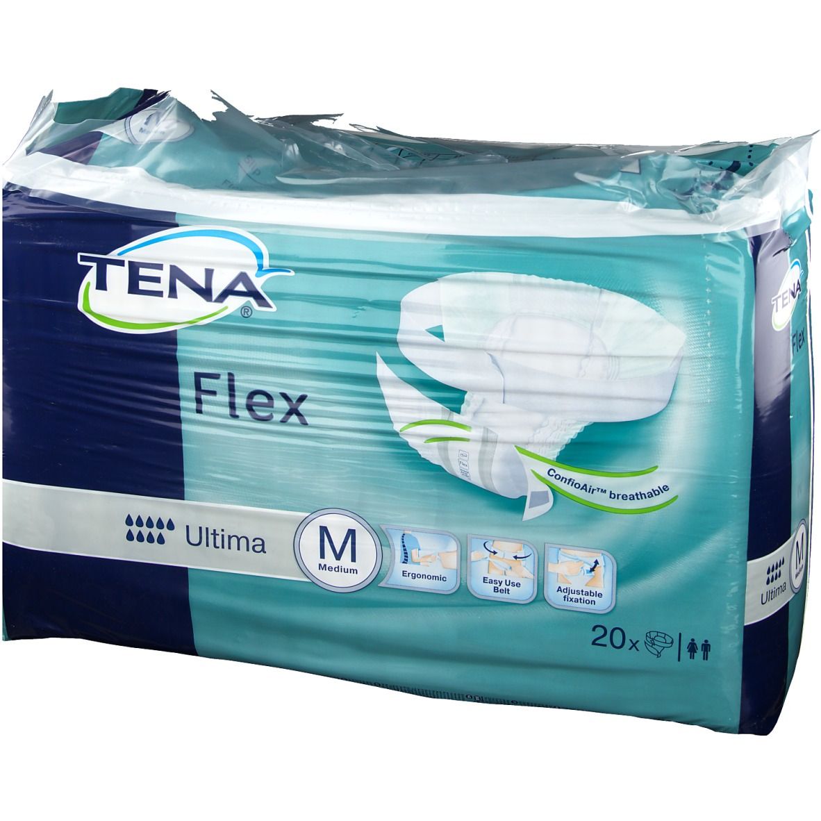 Paquet Tena Flex Ultima Medium. Marque et nom du produit visibles. Taille M. 20 unités. Caractéristiques illustrées.