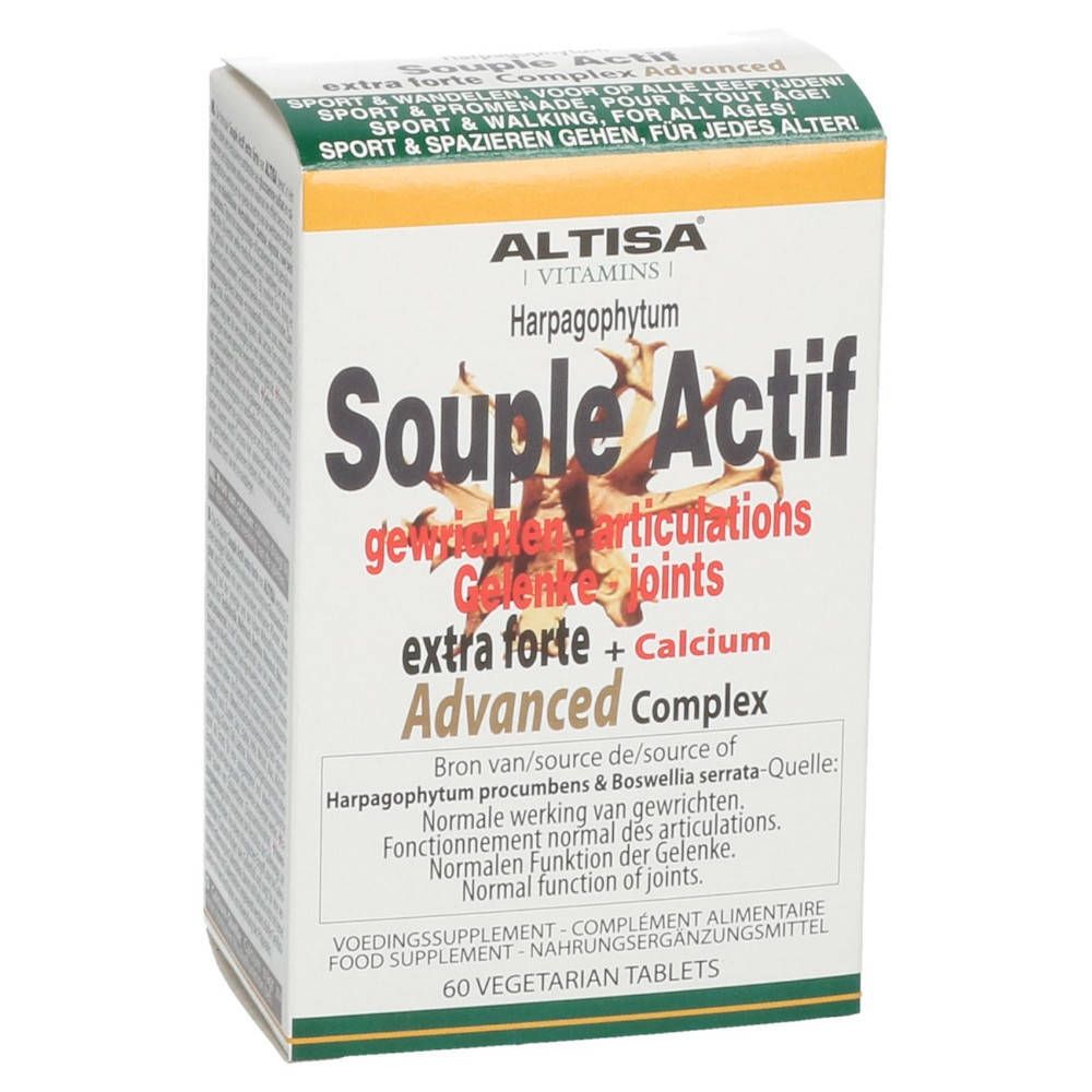 Boîte de Souple Actif, marque ALTISA. Inscriptions : extra forte + Calcium Advanced Complex. Contient 60 comprimés. Ingrédients et informations nutritionnelles.