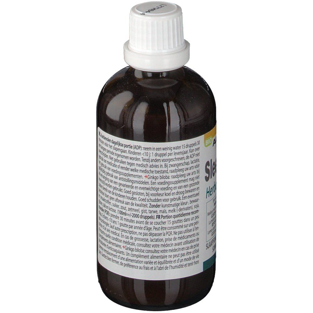 Flacon en verre brun avec bouchon blanc. Étiquette avec informations. Label Bio. Texte multilingue.