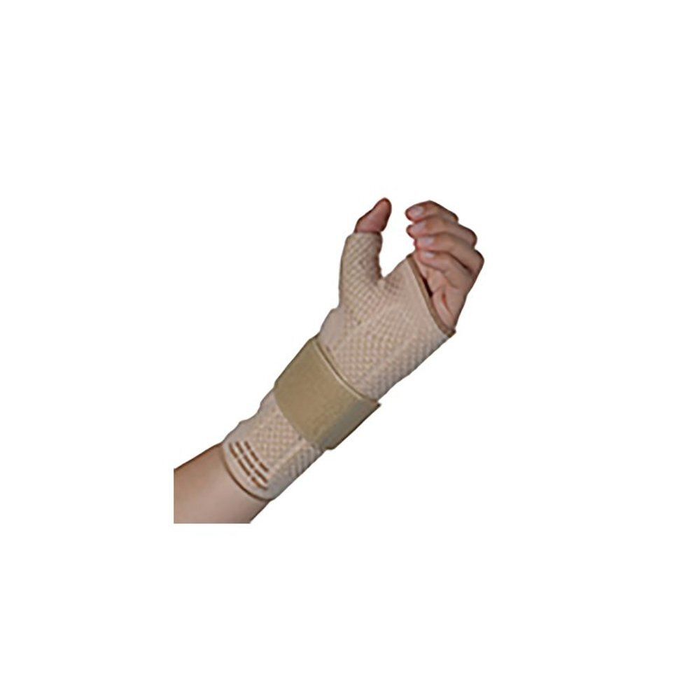 Attelle de poignet beige. Avec ouverture pour le pouce et fermeture velcro. Sur fond blanc.