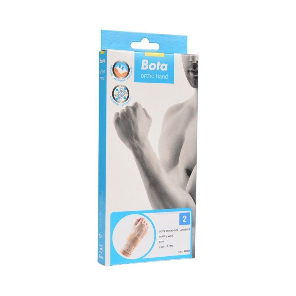 Emballage Bota Ortho Handpolsband 501 Skin Maat 2. Emballage bleu et blanc. Image du produit.