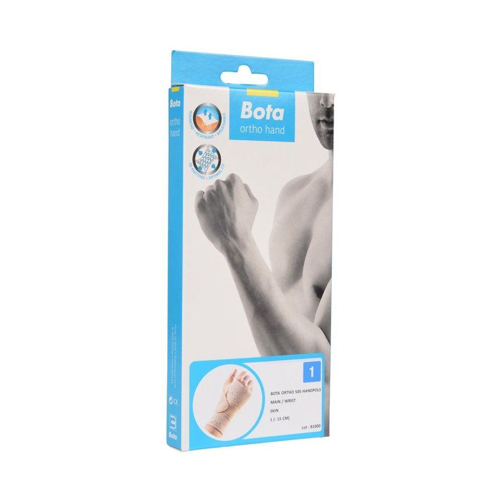 Emballage de Bota Ortho Handpolsband. Inscription : Bota ortho hand, attelle poignet, taille 1, couleur peau.