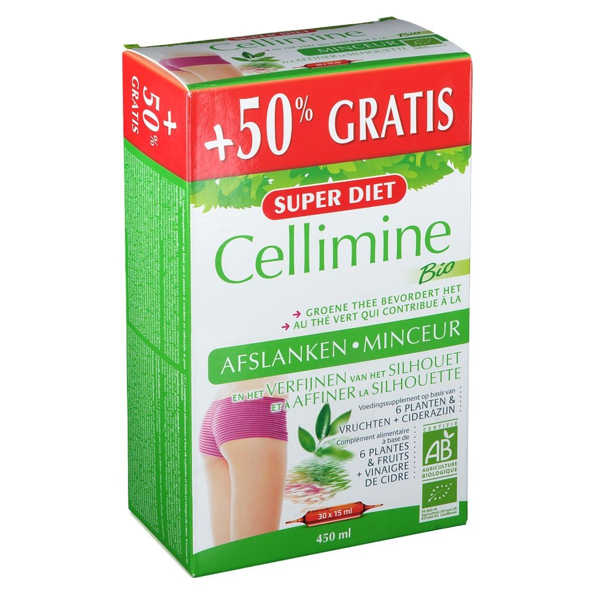 Boîte Cellimine Bio. Design vert et blanc avec nom du produit et '+50% GRATIS'. Illustration d'une femme.