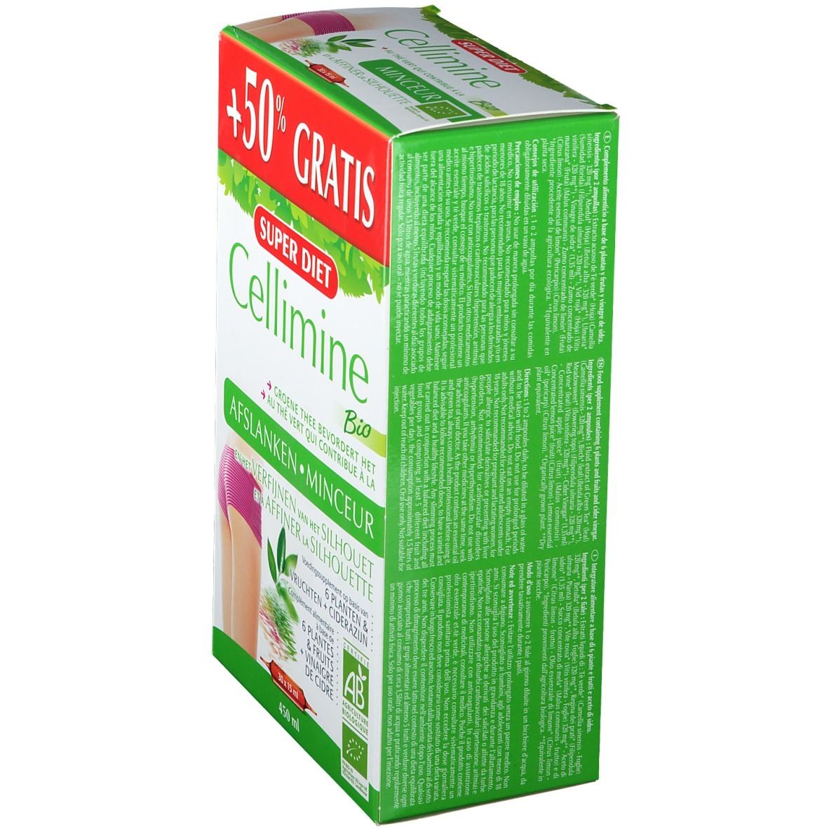 Vue latérale de la boîte Cellimine Bio. Design vert et blanc avec texte. Contient '+50% GRATIS' et informations produit.
