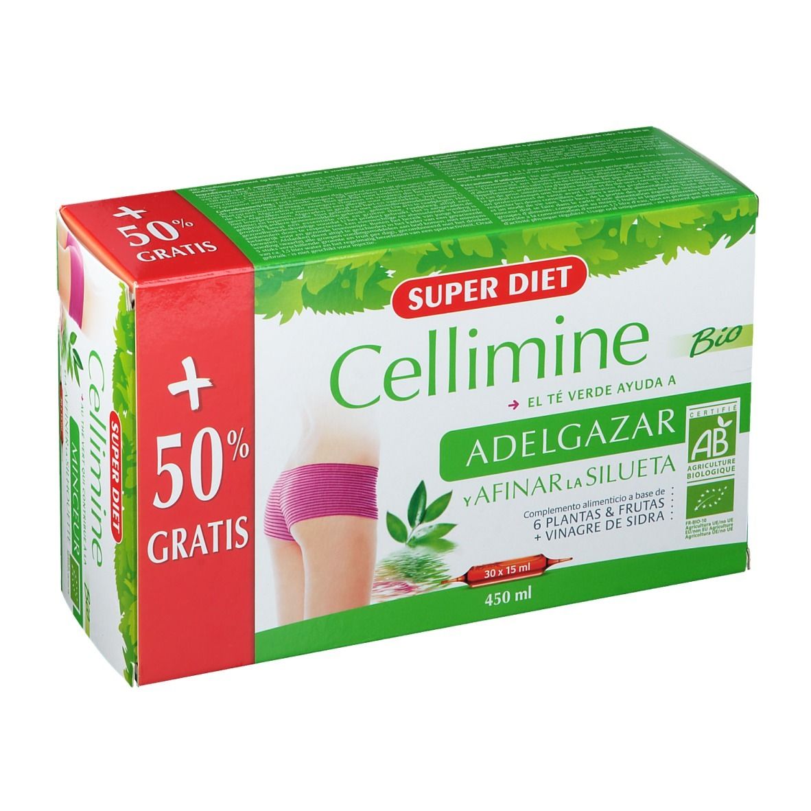 Boîte Cellimine Bio. Design vert et blanc avec nom du produit et '+50% GRATIS'. Informations produit en espagnol.