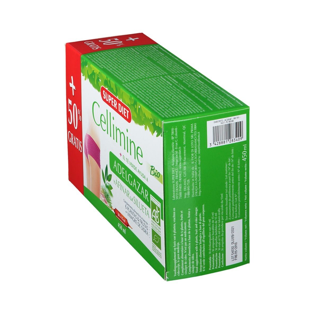 Vue latérale de la boîte Cellimine Bio. Design vert et blanc avec texte. Contient '+50% GRATIS' et informations produit.