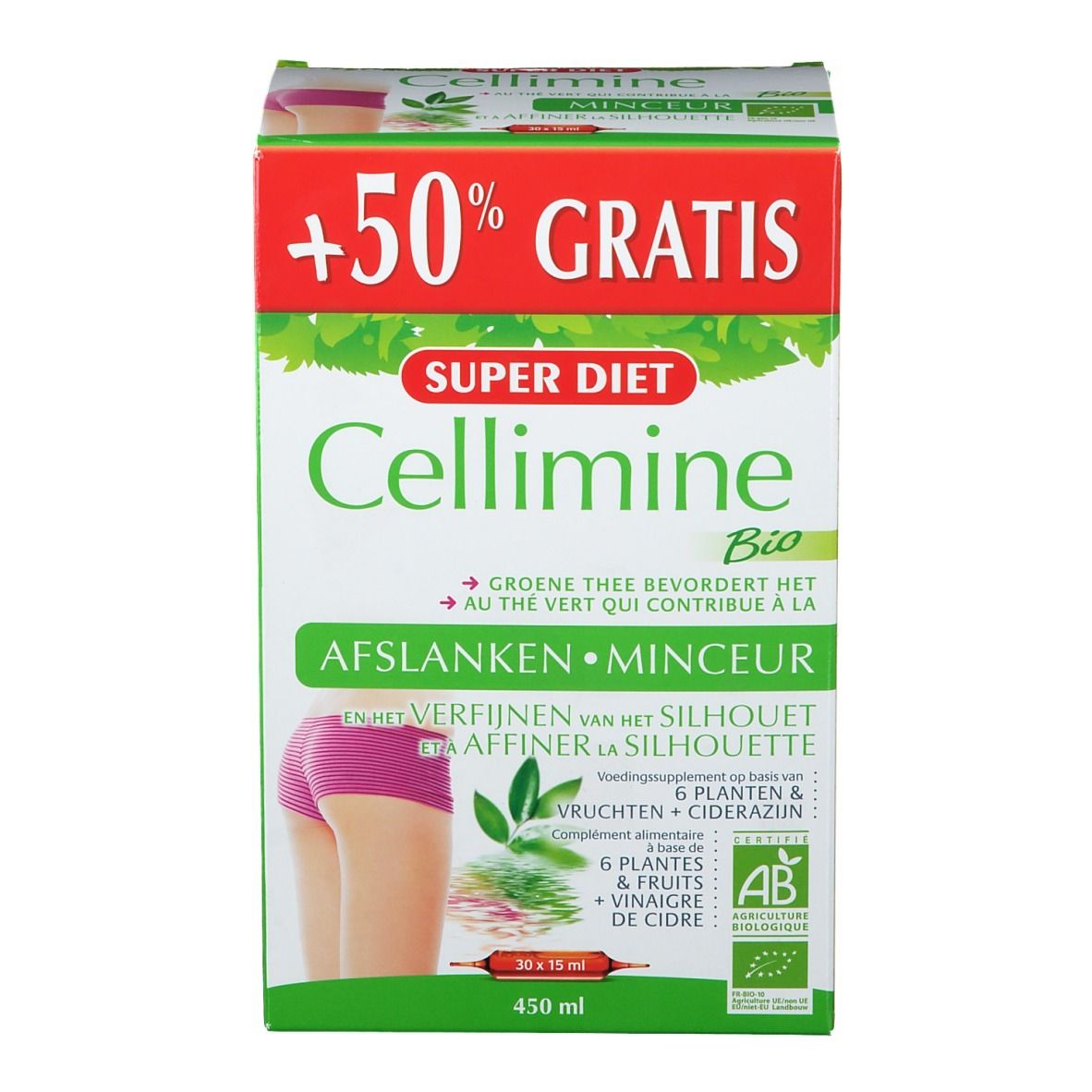 Boîte Cellimine Bio. Design vert et blanc avec nom du produit et '+50% GRATIS'. Illustration d'une femme.