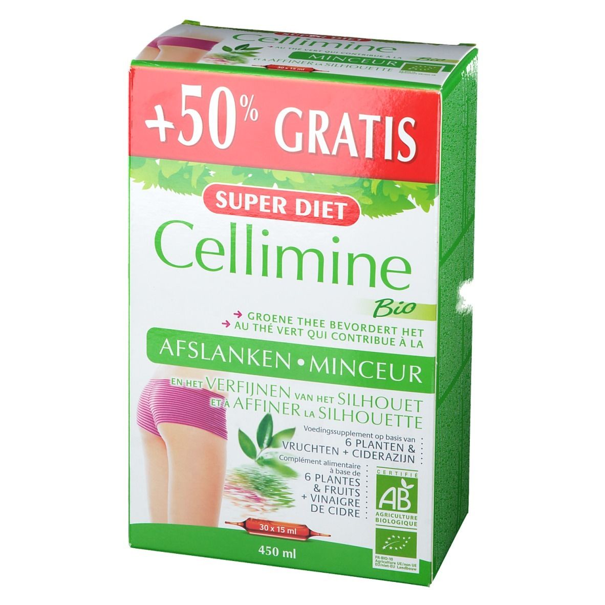 Boîte Cellimine Bio. Design vert et blanc avec nom du produit et '+50% GRATIS'. Illustration d'une femme.